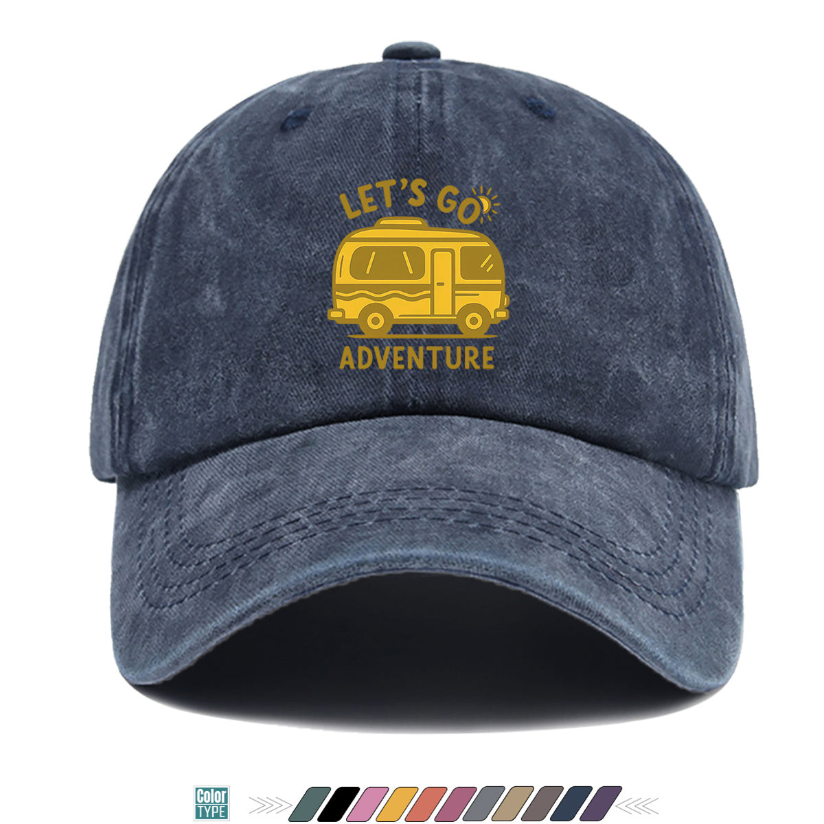 1pc "LET's GO ADVENTURE" Camper Van Print Baseball Cap, Vintage Yellow RV Pattern Sun Hat, Fashionable Casual Sun Hat, Unisex Adjustable Duckbill Cap for Outdoor Adventures, Road Trips, Camping Picnics, Weekend Outings, Park Strolls, Beach Vacations