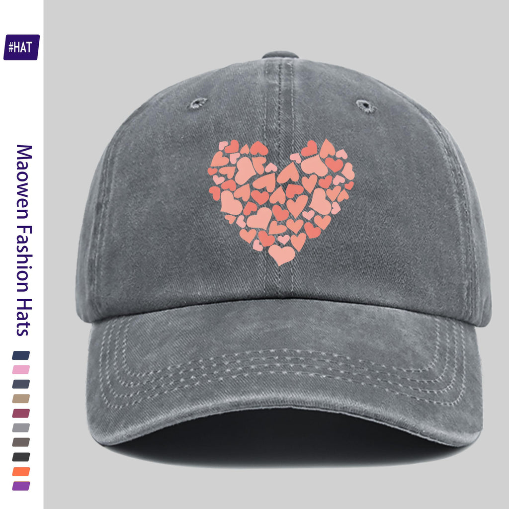 Summer Unisex Adjustable Baseball Cap, Washed Distressed Design, Large Heart Print with Small Heart Details, Washed Vintage Cap, Street Skateboard Cap, Retro Dad Hat, Durable, Comfortable, Breathable Trucker Cap