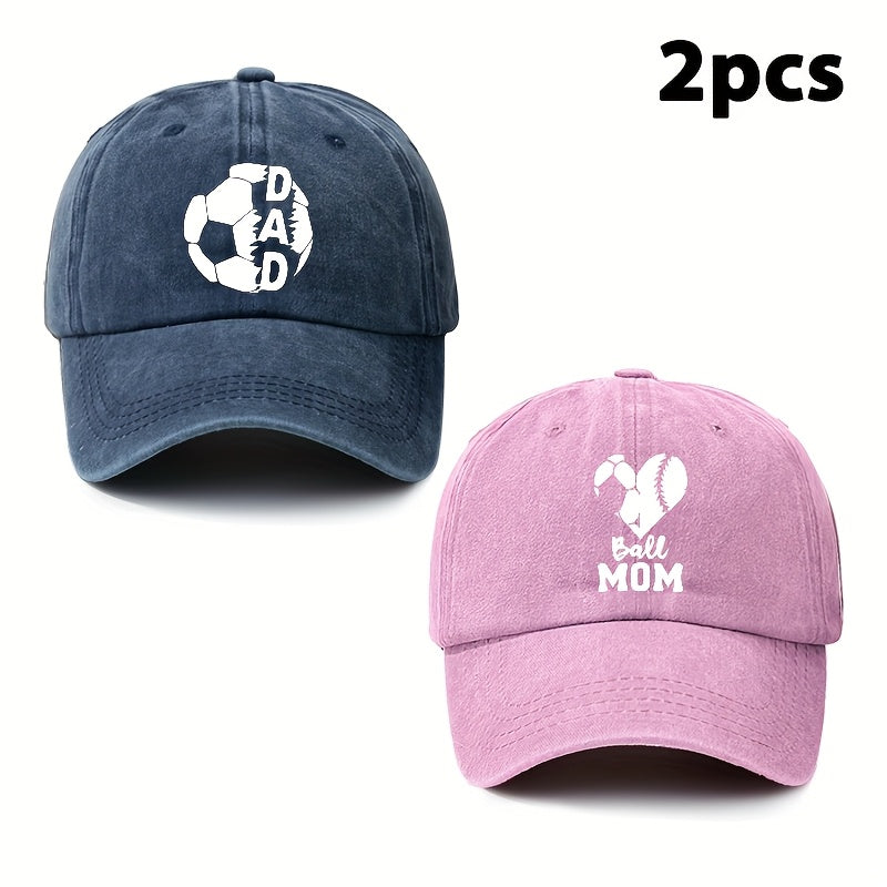 Parents' 2pcs Printed Football Heart-shaped Letter Vintage Soft-top Baseball Cap, Adjustable Style, Suitable for Daily Wear in All Seasons, an Essential Fashion Hat for Outdoor Sports, Fishing, and Camping