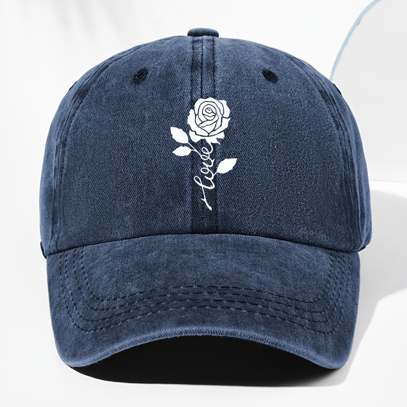 Unisex Rose Love Print Washed Vintage Baseball Cap Fashion Men Women Sunshade Outdoor Hat Adjustable Hat Trucker Cap Suitable for All Seasons Daily Wear