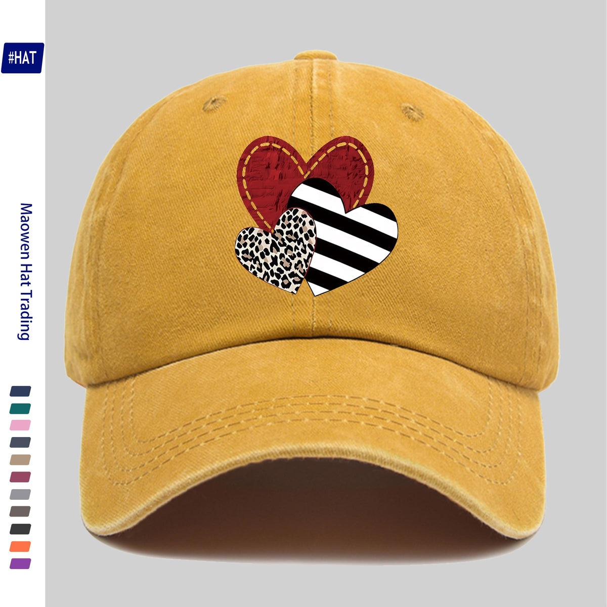 A Washed Baseball Cap with Iron-on Transfer Designs of Red Hearts, Black Striped Hearts, Leopard Print Hearts, and Crossed Hearts. It Features a New Autumn/winter Vintage Style, Is Unisex, Adjustable in Size, Lightweight, and Suitable for Outdoor Use