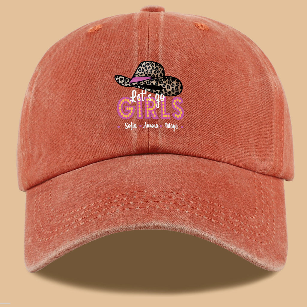 1pc Leopard Print Wide Brim Baseball Cap, Pink Brim with "Let'S Go GIRLS" Neon Style Letters, Adorned with Sofia, Aurora, Maya Names. Fashionable And Individual Sun Hat, Adjustable Size. Bestie Outing Hat, Sister Gathering Hat