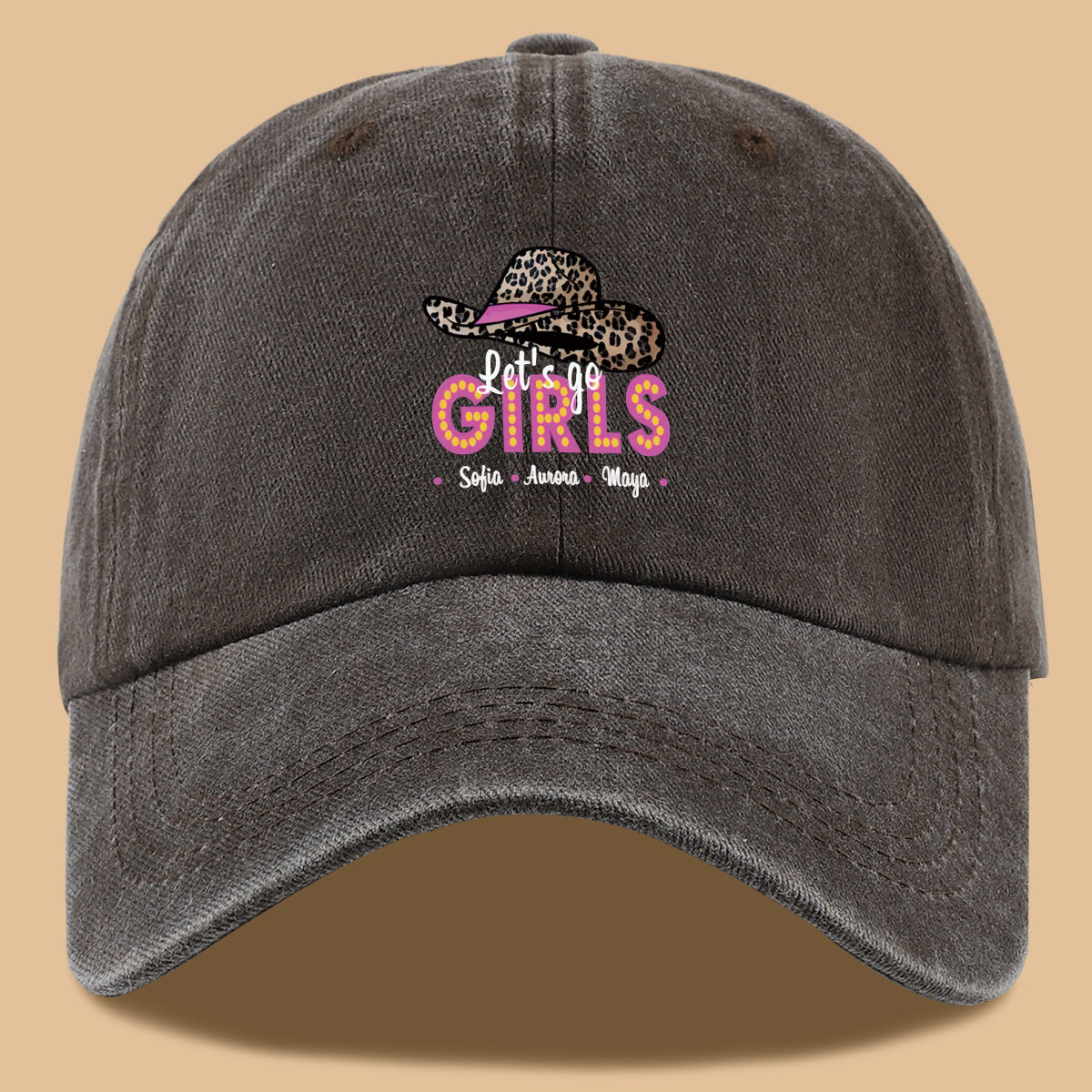 1pc Leopard Print Wide Brim Baseball Cap, Pink Brim with "Let'S Go GIRLS" Neon Style Letters, Adorned with Sofia, Aurora, Maya Names. Fashionable And Individual Sun Hat, Adjustable Size. Bestie Outing Hat, Sister Gathering Hat