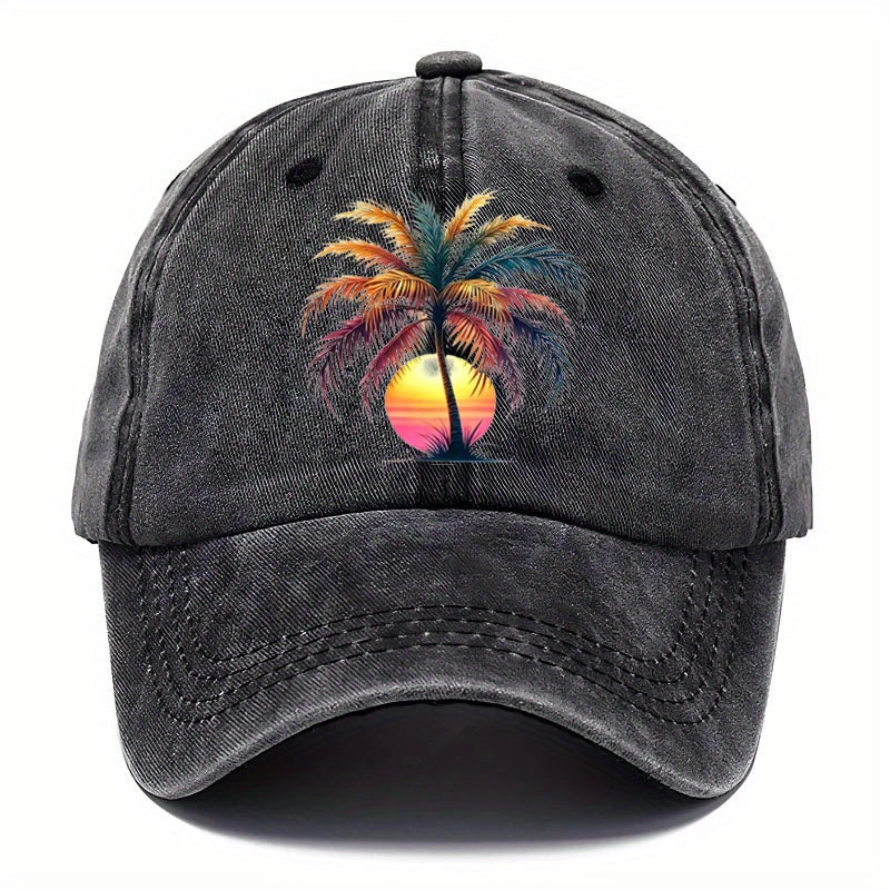 Men'S Cap Featuring a Sunset Palm Tree Design, Perfect for Casual Wear And Outdoor Activities at The Beach. This Stylish Baseball Hat Is Adjustable And Comes in Various Styles