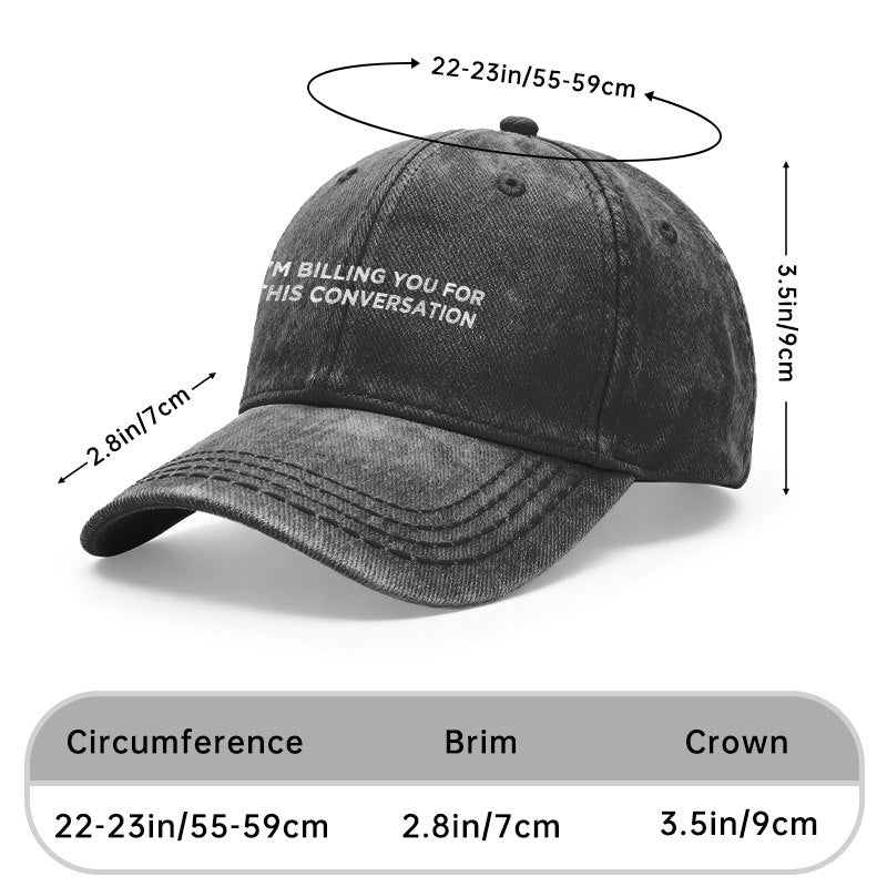1pc Vintage Washed Unisex Baseball Caps, I' M BILLING YOU for THIS CONVERSATION Text, Sarcastic Design Print Pattern, Adjustable, Suitable for Outdoor Activities and Casual Wear, Gifts for Men and Women, Friends.