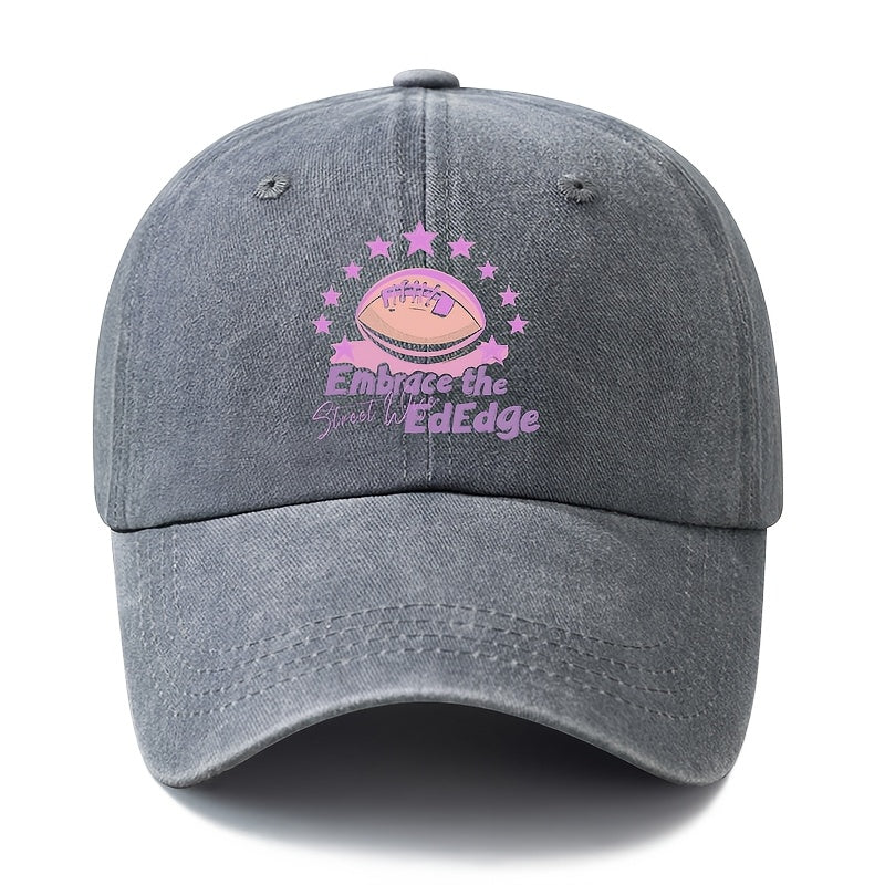 A Unisex Fashionable and Versatile Printed "Embrace the EdEdge" Baseball Cap, Featuring a Classic Vintage Washed Lightweight Curved Brim. This Trucker Baseball Cap Is Suitable for Casual Occasions Such as Outdoor Vacations, Travel, and Camping