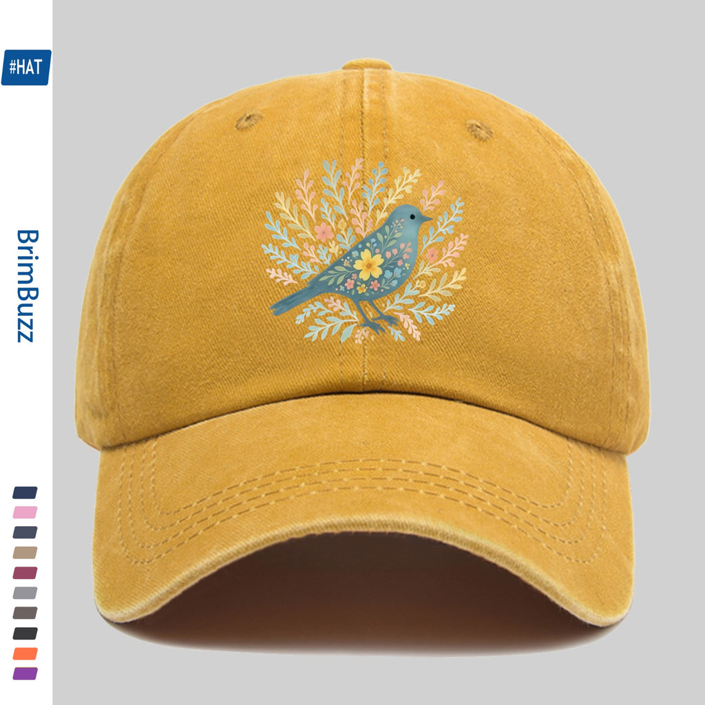 A Baseball Cap Featuring a Print of Birds Surrounded by Flowers And Plants, a Vintage Design Sun Hat, a Comfortable And Lightweight Trucker Hat with Adjustable Straps, an American Street Style Skateboard Cap