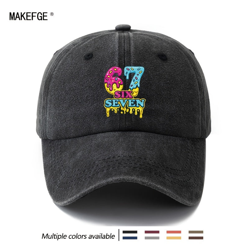 Unisex, Fashionable And Versatile Printed Cream Donut 67 SIX SEVEN Baseball Cap, Classic Retro Washed Outdoor Lightweight Curved Brim Cap, Suitable for Outdoor Vacations, Travel, Camping, And Other Casual Occasions, Hip-Hop Cap for Holiday Parties