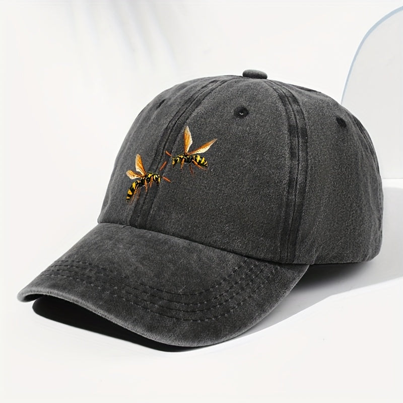 Unisex Bee Animal Print Washed Vintage Baseball Cap, Fashionable Sun Outdoor Hat for Men and Women, Adjustable Fit Trucker Hat Suitable for All Seasons and Daily Wear