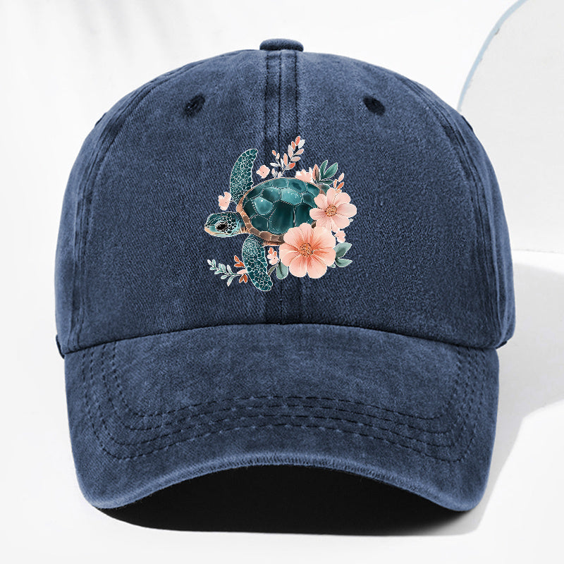 Unisex Floral Turtle Animal Print Washed Vintage Baseball Cap Fashion Men Women Sun Hat Adjustable Size Trucker Cap Suitable for All Seasons Daily Wear