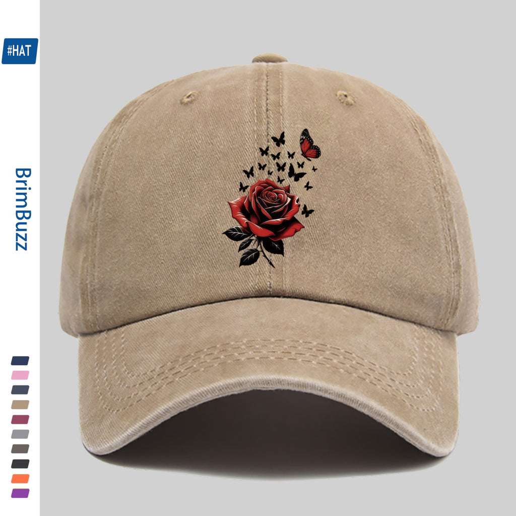 1pc Adjustable Trucker Sun Hat, Unisex, Vintage Washed Baseball Cap with Rose And Butterfly Print, Lightweight Outdoor Hat Suitable for Beach, Travel, Cycling, Party Gifts, Non-Elastic Strap Hat Suitable for Daily Casual Wear (Hand Washable)