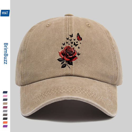 1pc Adjustable Trucker Sun Hat, Unisex, Vintage Washed Baseball Cap with Rose And Butterfly Print, Lightweight Outdoor Hat Suitable for Beach, Travel, Cycling, Party Gifts, Non-Elastic Strap Hat Suitable for Daily Casual Wear (Hand Washable)