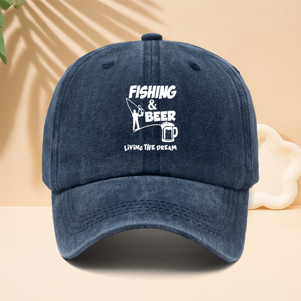 Baseball Cap with FISHING BEER Silhouette Print, American Casual Outdoor Lifestyle Design, Adjustable Size Unisex Casual Hat, All-Season Versatile Neutral Style, Curved Brim Hat for Outdoor Fishing, Parties, And Hip-Hop Style, Soft Top Design