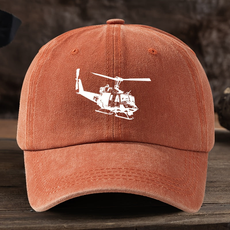 Vintage Helicopter Print Duckbill Cap - Distressed Washed Baseball Hat with Curved Brim, Soft Suitable for Outdoor Sports,, Camping, Streetwear & Hip-Hop Style - Retro Rock for Running and Mountaineering