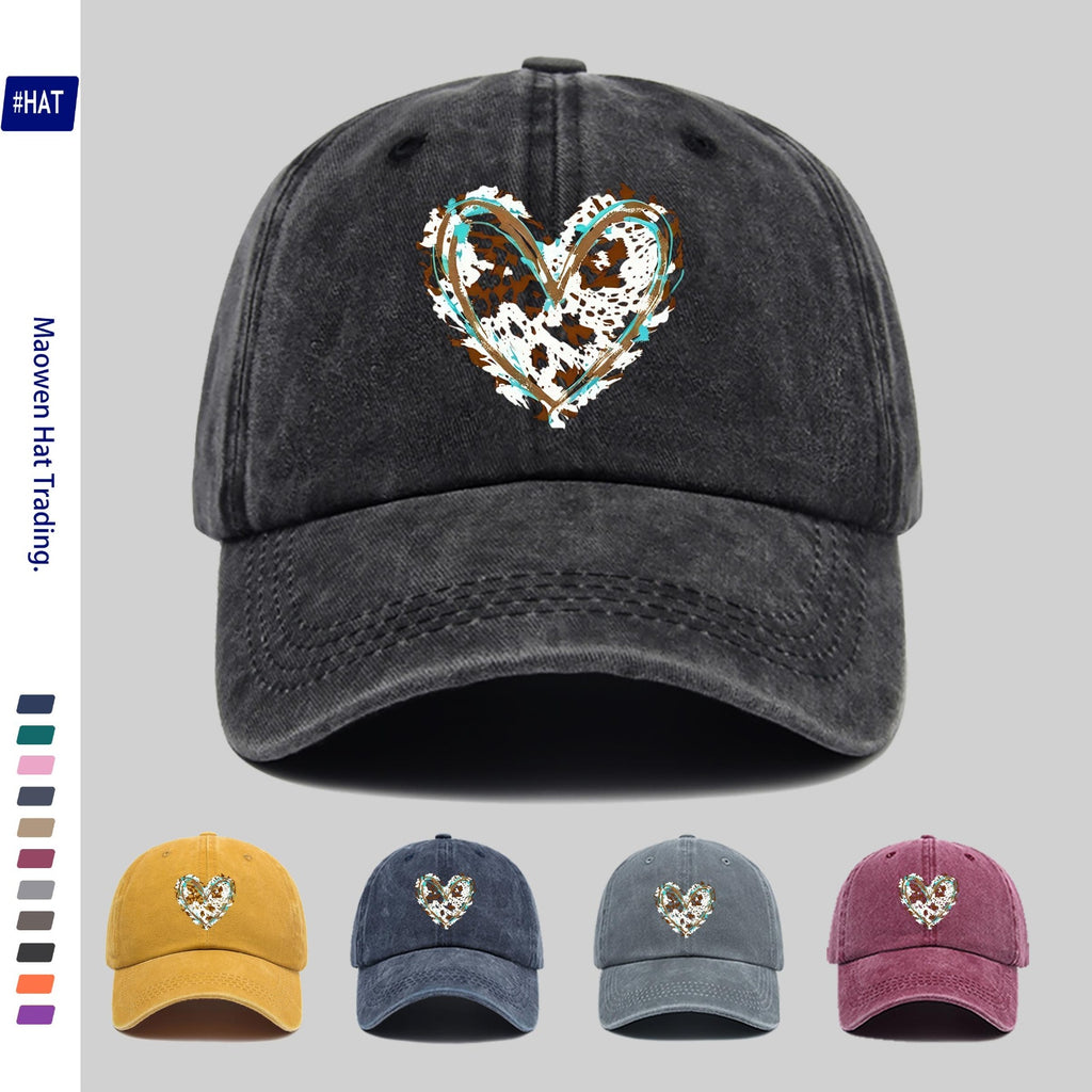 1 Adjustable Baseball Cap, Unisex, Versatile Street Style Fashion Printed Baseball Cap, Washed And Distressed Look Hat, Featuring a Fun Cartoon Heart Print Design, Comfortable And Lightweight, Vintage Street Skateboard Cap