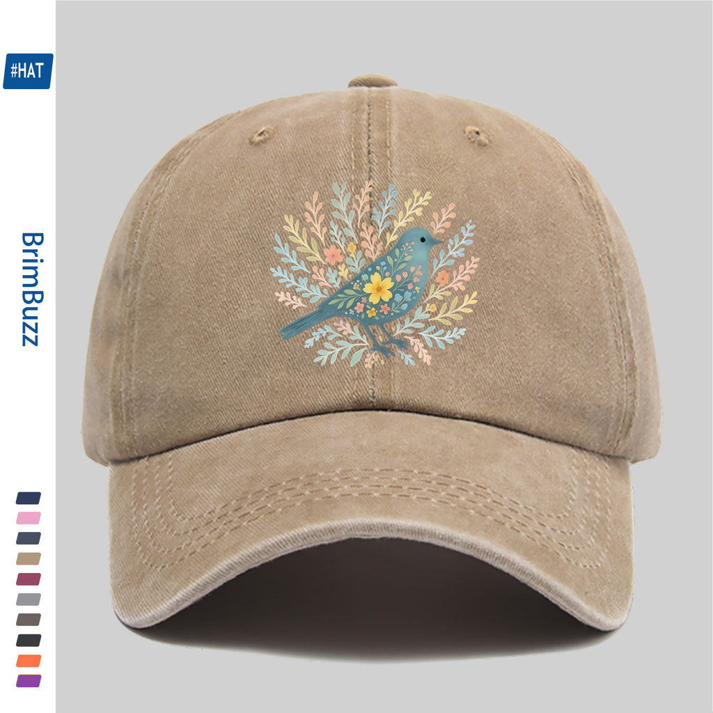 A Baseball Cap Featuring a Print of Birds Surrounded by Flowers And Plants, a Vintage Design Sun Hat, a Comfortable And Lightweight Trucker Hat with Adjustable Straps, an American Street Style Skateboard Cap