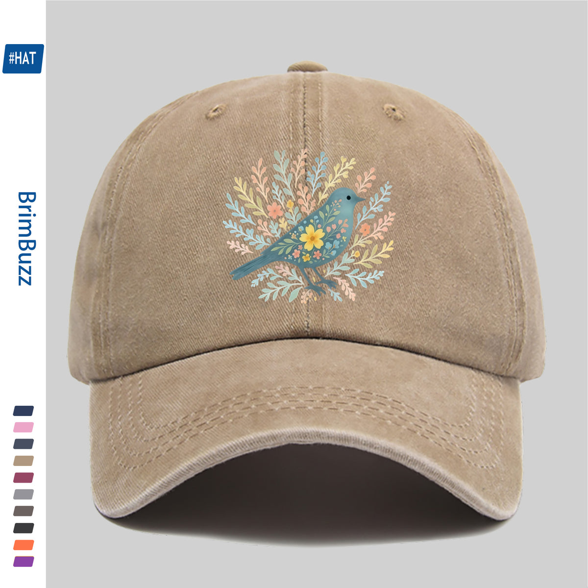 A Baseball Cap Featuring a Print of Birds Surrounded by Flowers And Plants, a Vintage Design Sun Hat, a Comfortable And Lightweight Trucker Hat with Adjustable Straps, an American Street Style Skateboard Cap