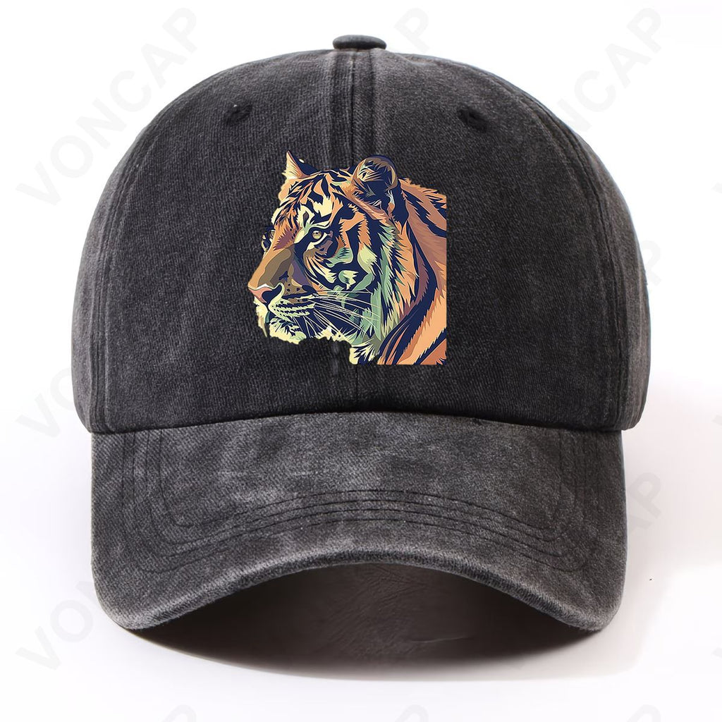 Unisex Adjustable Tiger Print Cap - Lightweight Washed Cap with Hook-and-Loop Closure, Front Chest Tiger, Machine Washable Suitable for Sports, Campus, Commute, Parties - Casual Tiger-Themed Hat