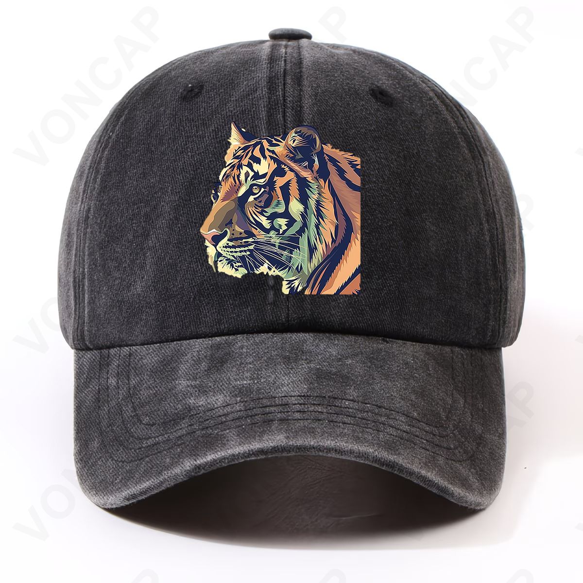 Unisex Adjustable Tiger Print Cap - Lightweight Washed Cap with Hook-and-Loop Closure, Front Chest Tiger, Machine Washable Suitable for Sports, Campus, Commute, Parties - Casual Tiger-Themed Hat
