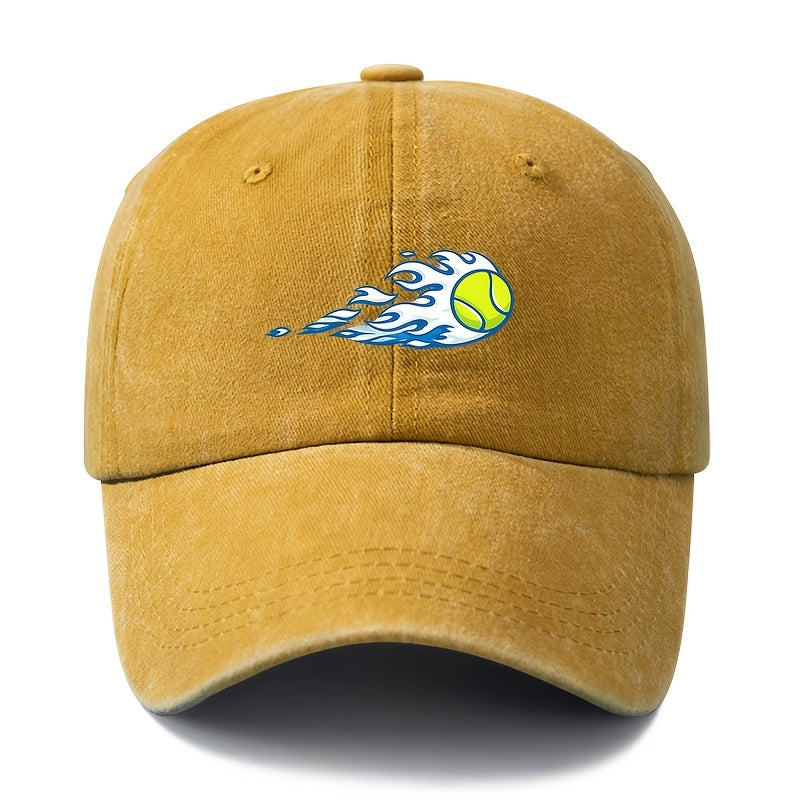 A Unisex Fashionable and Versatile Printed Flame Baseball Cap, Featuring a Classic Vintage Washed Outdoor Lightweight Curved Brim. Suitable for Casual Occasions Such as Outdoor Vacations, Travel, and Camping, as Well as Holiday Parties and Hip-hop