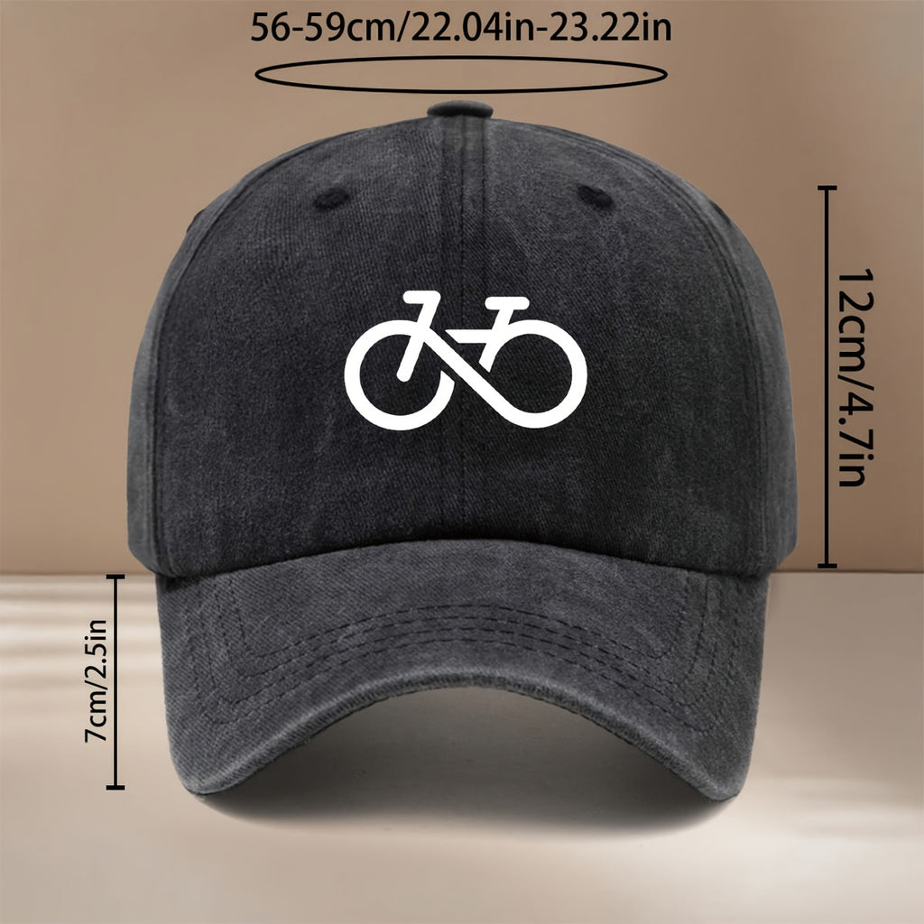 Baseball Cap with Stick-figure Bicycle Print, Suitable for Vacations, Travel, Gatherings, and Camping. Features a Curved Brim, Adjustable Size, and Textured Hip-hop Style. Comfortable and Lightweight, This Unisex Six-panel Cap Is Also a Casual