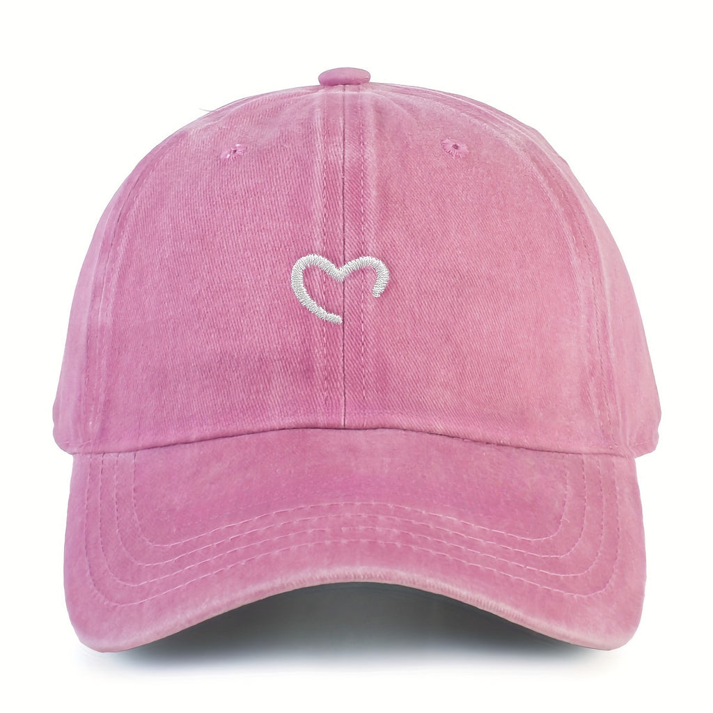 Women'S Heart-Shaped Embroidered Vintage Washed Baseball Cap, Adjustable Size, Suitable for Urban Vacation Wear