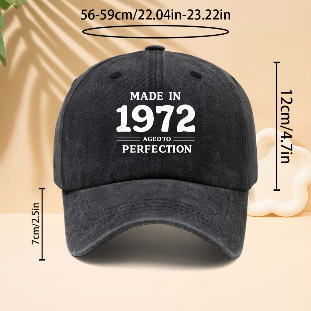 A Printed White Letter And Number 1972 Pattern Baseball Cap, Unisex Couple Style, Casual Hat for Check-Ins And Photos, Curved Brim, Washed And Distressed Duckbill Cap