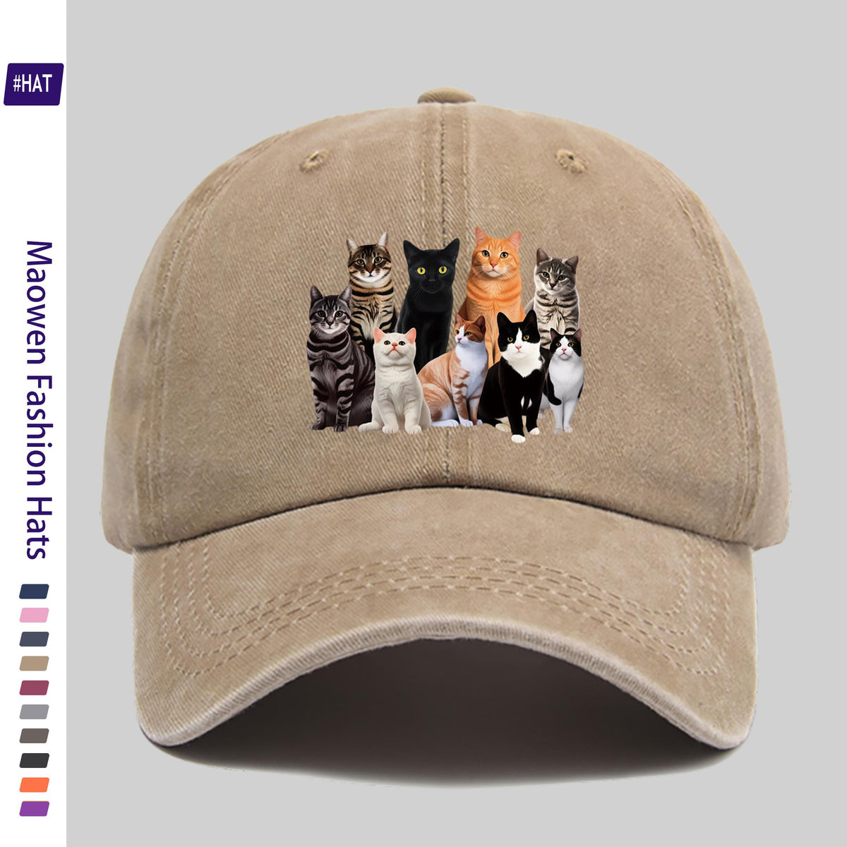1 Vintage-style Adjustable Sports Cap, Featuring Various Cat Pattern Prints, a Washed-out Look, Suitable for Outdoor Leisure, a Fashionable Printed Breathable Baseball Cap, a Must-have Fashion Item, Ideal for Outdoor Sports and Travel Camping
