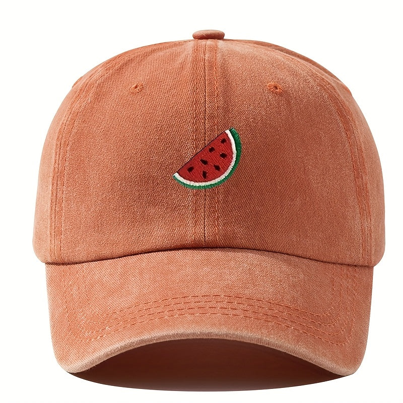 An Embroidered Baseball Cap with Curved Brim, Hip-hop Style, Fruit Embroidery, Vintage Washed, Unisex Outdoor Travel and Hiking Cap, Fishing Hat