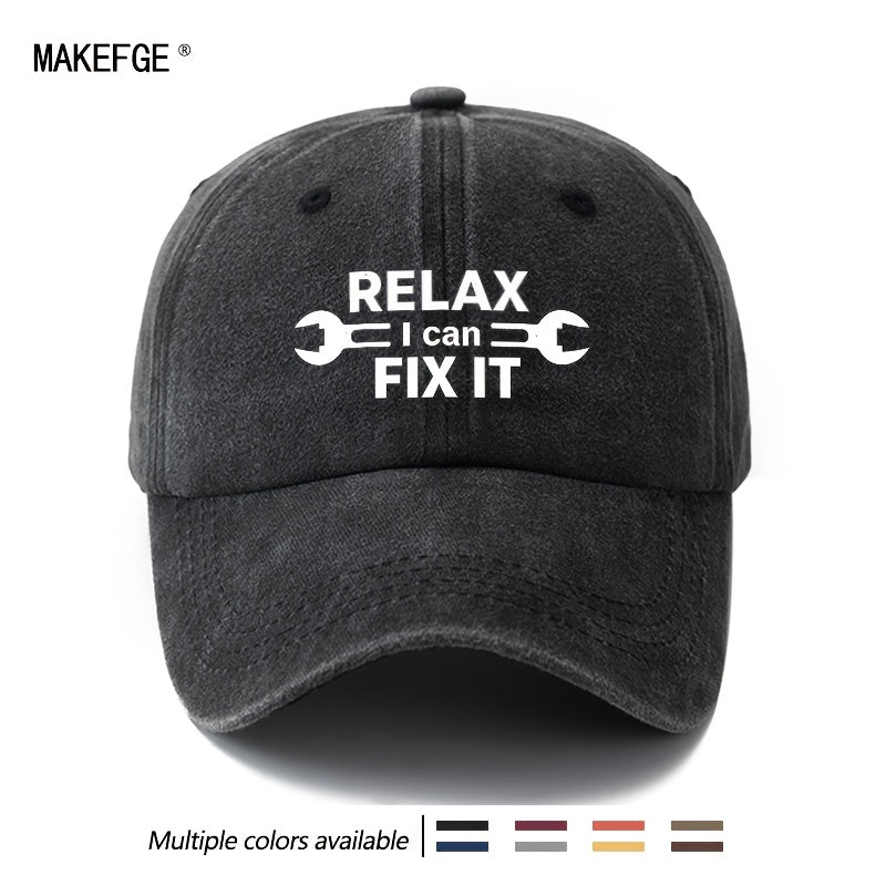 A Unisex Fashionable and Versatile Printed RELAX FIX IT Baseball Cap, Featuring a Classic Vintage Washed Lightweight Curved Brim. This Trucker Baseball Cap Is Suitable for Casual Occasions Such as Outdoor Vacations, Travel, and Camping. It Also Works
