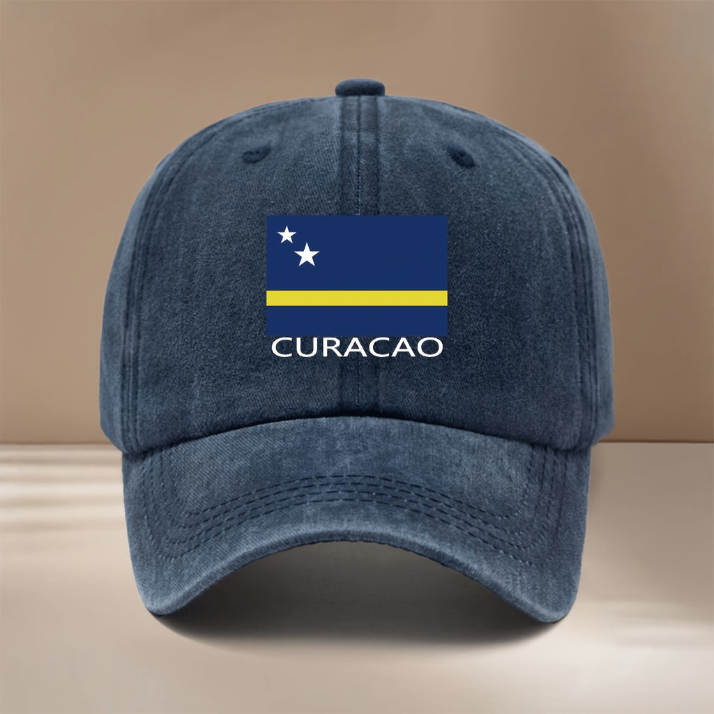 Baseball Cap with CURACAO Text and Flag Pattern, Featuring a Relaxed Fit and Curved Brim. This Trendy Textured Snapback Is a Comfortable, Lightweight, and Casual Unisex Six-panel Hat. It's Also a Hip-hop Style Adjustable Cap with a Simple