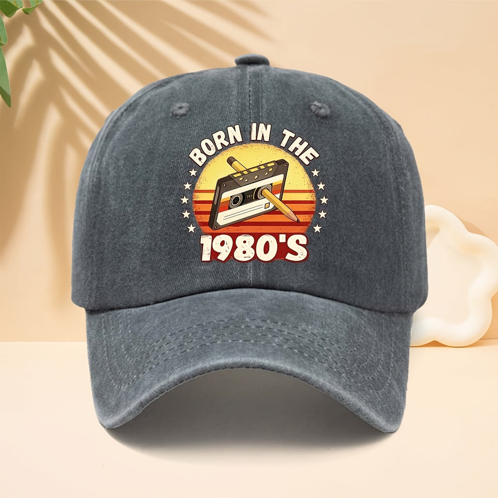 A Washed Baseball Cap with the Print "BORN IN THE 1980S". This Versatile Trucker Hat Features a Soft Crown and Curved Brim for a Comfortable Fit That Conforms to the Head. Its Relaxed, Street-style Design Is Adjustable and Suitable for Both Men