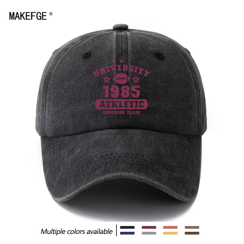 A Unisex Fashionable and Versatile Printed UNIVERSITY 1985 Baseball Cap, Featuring a Classic Vintage Washed Outdoor Lightweight Curved Brim. This Trucker Baseball Cap Is Suitable for Casual Occasions Such as Outdoor Vacations, Travel, and Camping