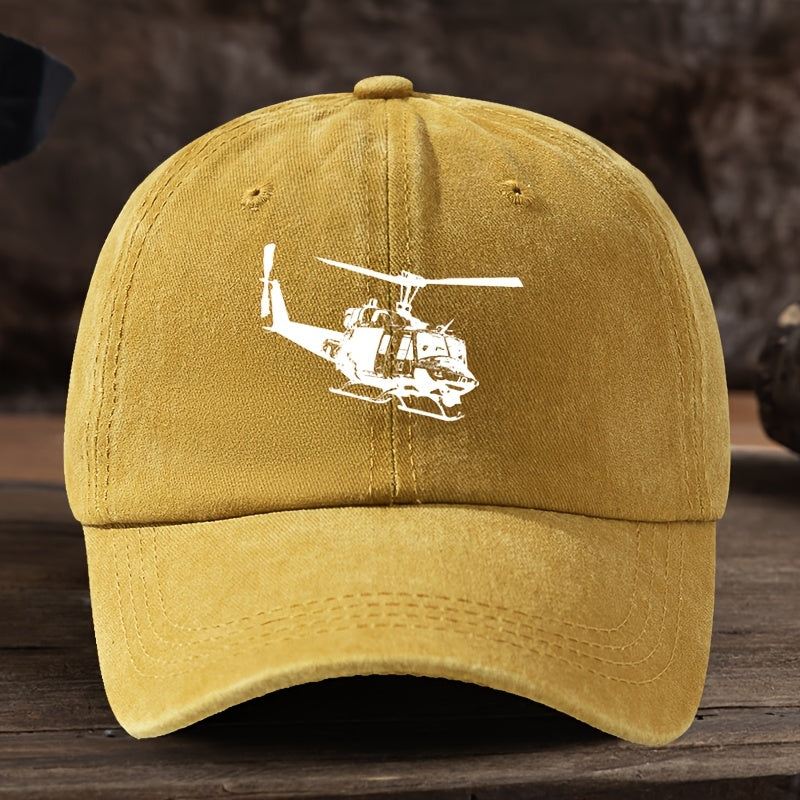 Vintage Helicopter Print Duckbill Cap - Distressed Washed Baseball Hat with Curved Brim, Soft Suitable for Outdoor Sports,, Camping, Streetwear & Hip-Hop Style - Retro Rock for Running and Mountaineering