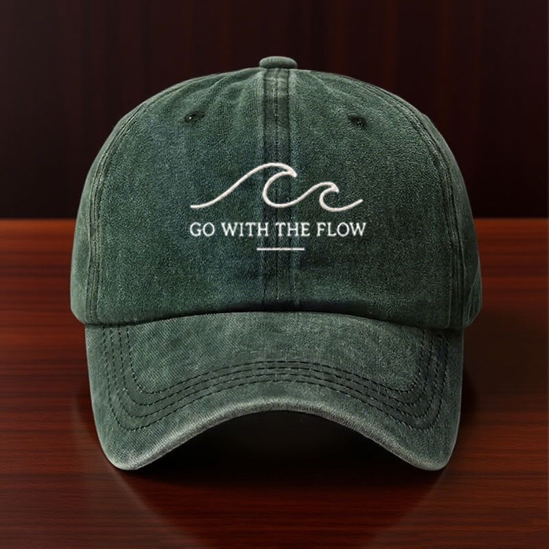 Vintage Washed Distressed Baseball Cap, with "GO WITH THE FLOW" Print, Unisex Dad Hat, Retro Casual Street Style Sun Hat, Suitable for Men, Women, And Teenagers, an Ideal Daily/Outdoor Gift