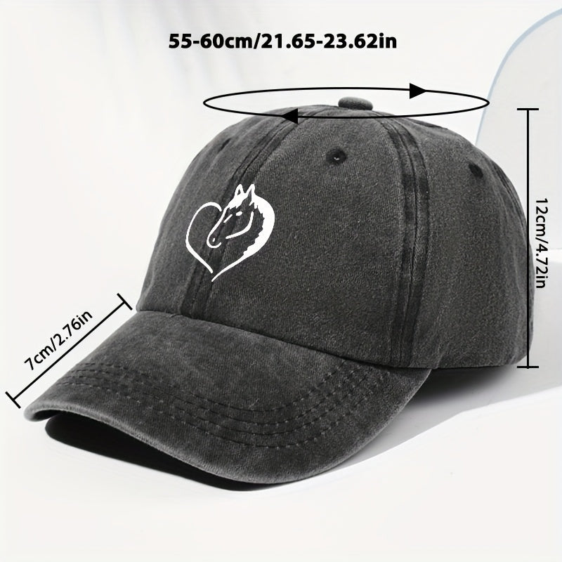 Unisex Heart Horse Head Print Washed Vintage Baseball Cap Fashion Men Women Sun Hat Adjustable Size Trucker Cap Suitable for All Seasons Daily Wear