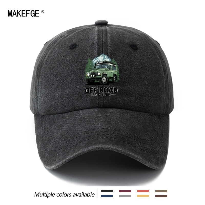 A Unisex Fashionable and Versatile Printed Off-road Vehicle Baseball Cap, Featuring a Classic Vintage Washed Outdoor Lightweight Curved Brim. This Trucker Baseball Cap Is Suitable for Casual Occasions Such as Outdoor Vacations, Travel, and Camping.