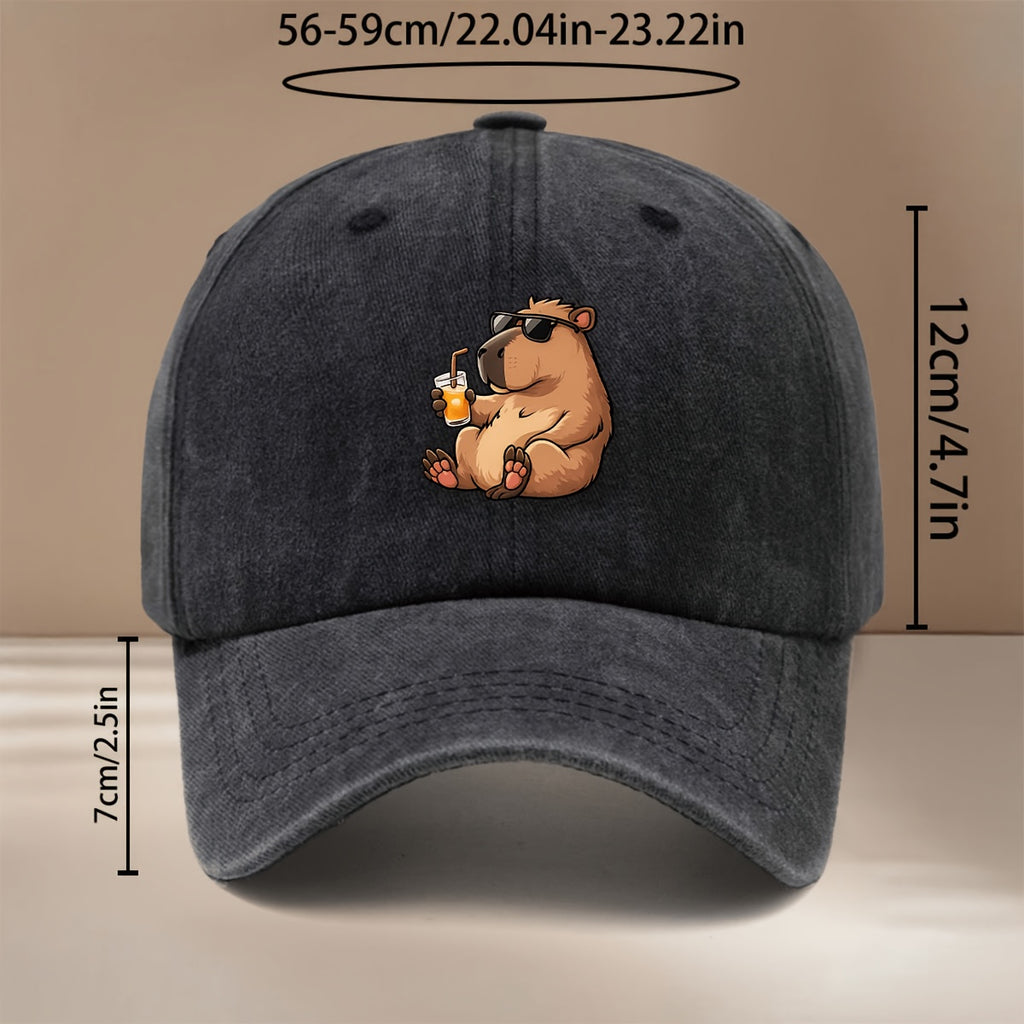 This Is a Baseball Cap with a "Drinking Guinea Pig" Graphic Print. It's Comfortable, Lightweight, and Adjustable in Size. A Six-panel Unisex Hat, This Simple and Trendy Snapback Is Perfect for Outdoor Sports, Picnics, Camping, and  Fashion
