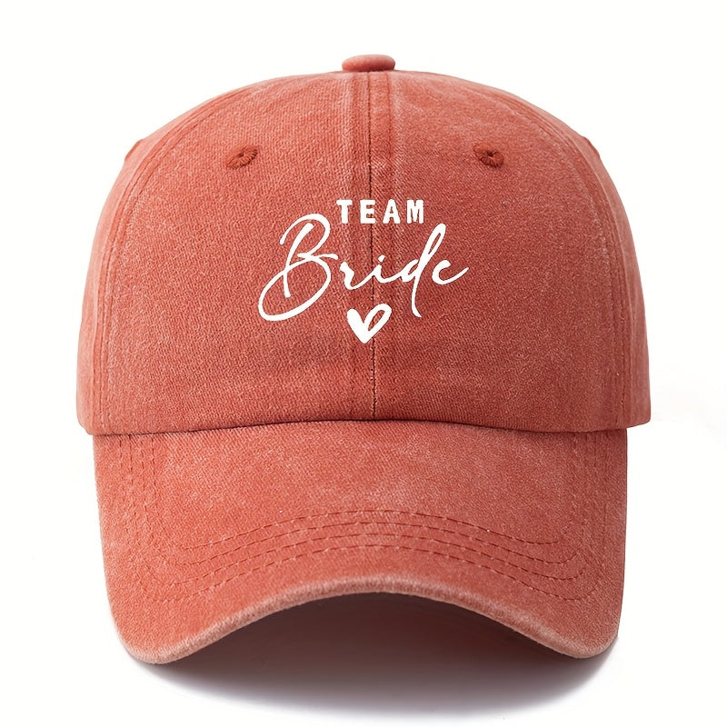 A Stylish Unisex Printed Baseball Cap Featuring a Curved Brim And The Words 'TEAM Bride'. This Trendy And Lightweight Sun Hat Is Perfect for Outdoor Activities Like Traveling And Camping, Suitable for Both Men And Women