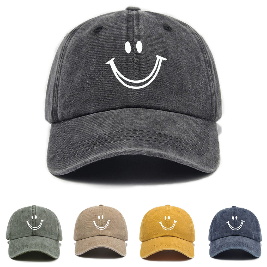 1 Washed Distressed Print Baseball Cap, Adult Versatile Casual Style, Joyful Face Print Washed Distressed Soft Crown Outdoor Sun Baseball Cap for Men and Women