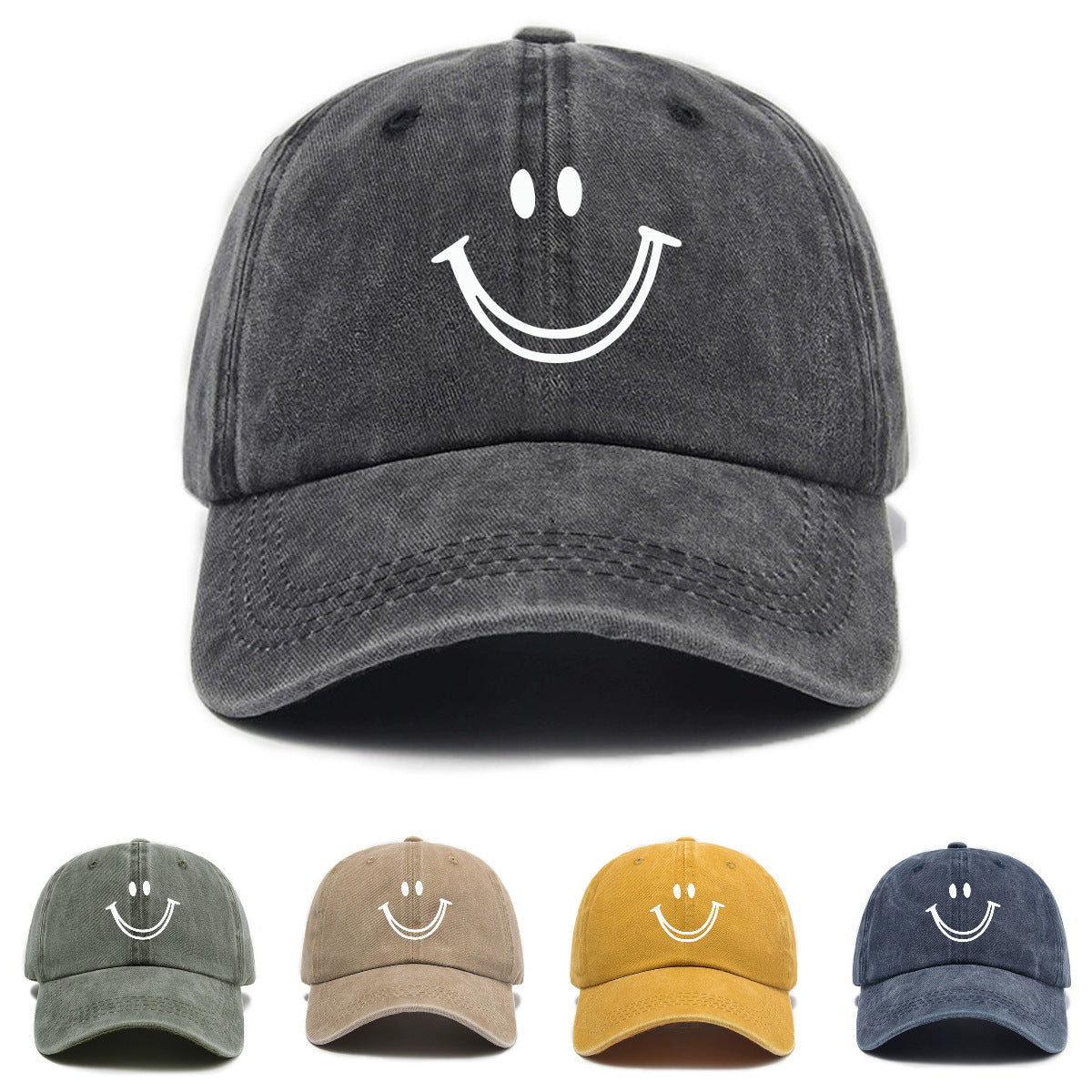 1 Washed Distressed Print Baseball Cap, Adult Versatile Casual Style, Joyful Face Print Washed Distressed Soft Crown Outdoor Sun Baseball Cap for Men and Women