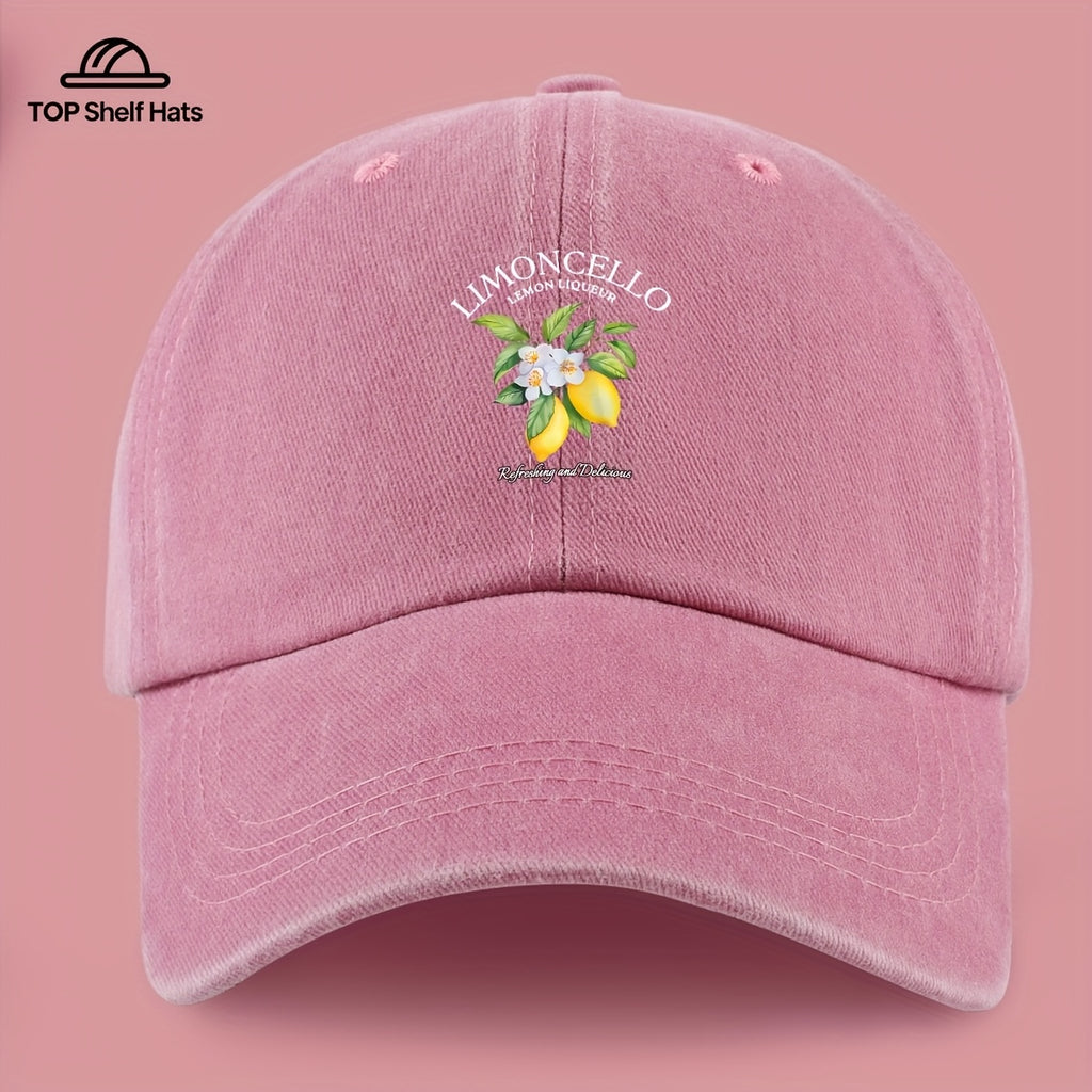 70G Lightweight And Breathable 1pc "Limon Cello" English Print Baseball Cap with Refreshing Lemon Pattern Print, Breathable And Comfortable, Stylish And Beautiful, Black Papa Dad Hat, Adjustable Size, Unisex, Retro Trucker Hat