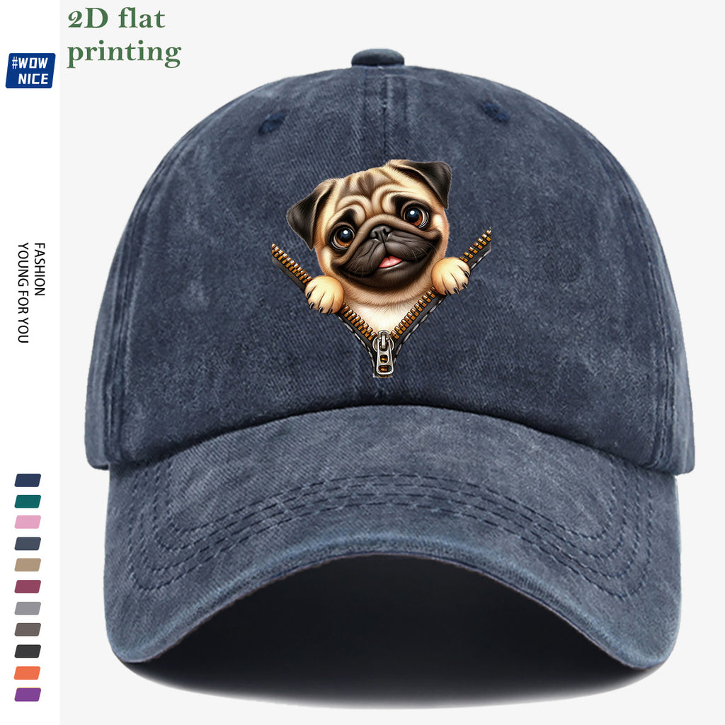 1pc Pug Zipper Print Baseball Cap, Cute Animal Pattern Headwear, Fashionable and Versatile Hat Accessory, Unisex Street Style Hat with Adjustable Size, Slimming and Face-Shaping, Suitable for Daily Outings, Parties, Dates, Shopping, Outings