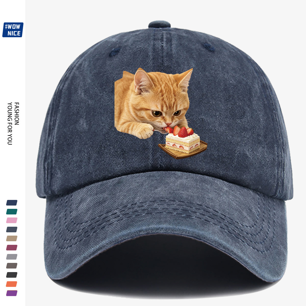 1pc Orange Cat Eating Strawberry Cake Fun Printed Baseball Cap, Cute And Playful Design Unisex Adjustable Size Casual Hat for Shopping, Dating, Coffee Shop Gatherings, Park Walks, Best Friend Outings, Weekend Fun, Party Activities, Trendy Accessory