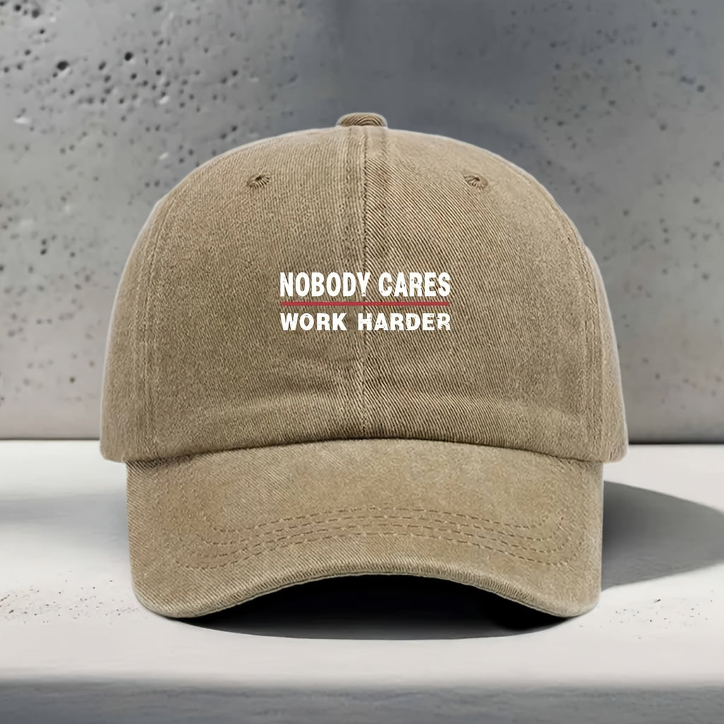 Women's Baseball Cap with "NOBODY CARES WORK HARDER" English Print, Inspirational Motivational Slogan, , Trendy, Fashionable, Versatile, Casual, and Simple. Unisex Duckbill Cap for Daily Outings, Work Commutes, Outdoor Sports, Fitness, Yoga