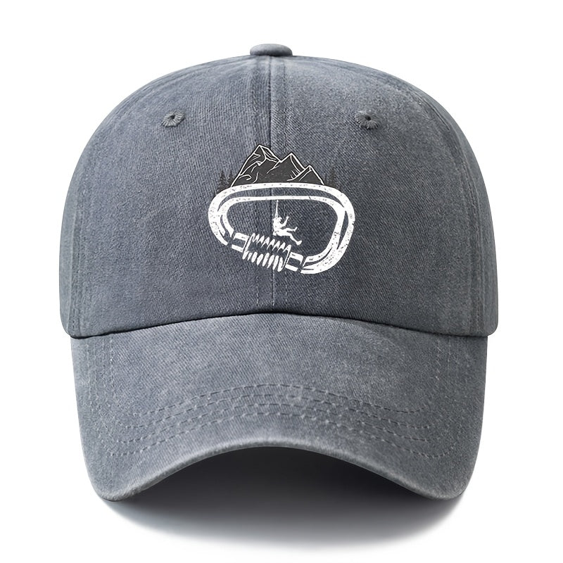 A Unisex Fashionable and Versatile Printed Rock Climbing Baseball Cap, Featuring a Classic Vintage Washed Outdoor Lightweight Curved Brim. Suitable for Casual Occasions Such as Outdoor Vacations, Travel, and Camping. Also Works as a Hip-hop Hat