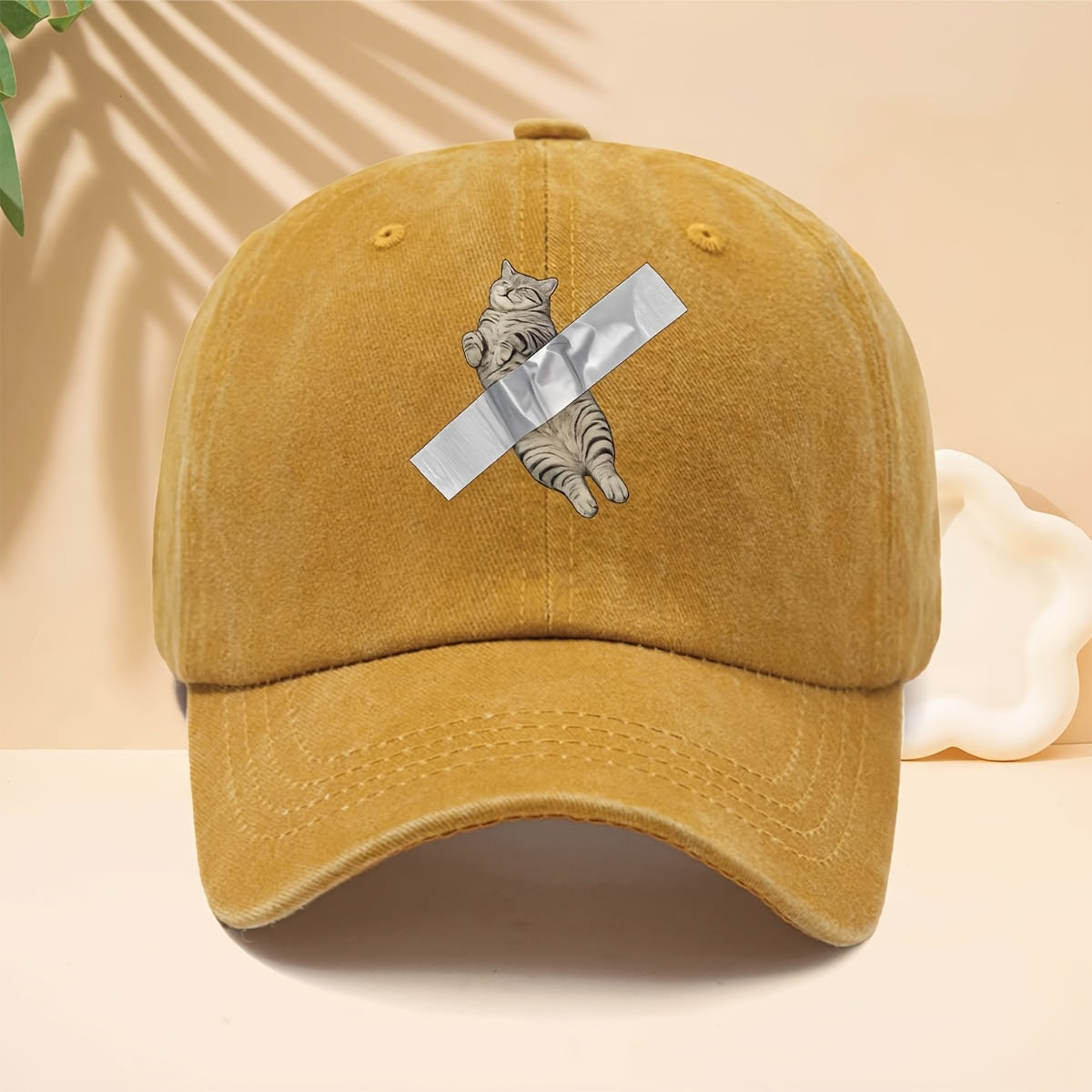 Adjustable Cat Tape-Printed Baseball Cap with Tape-Themed Tab & Curved Brim - Soft Top Trucker Hat Suitable for All- Wear, Unisex for Men & Women, Casual, Parties, Hip-Hop Outfits - Durable Comfortable Design