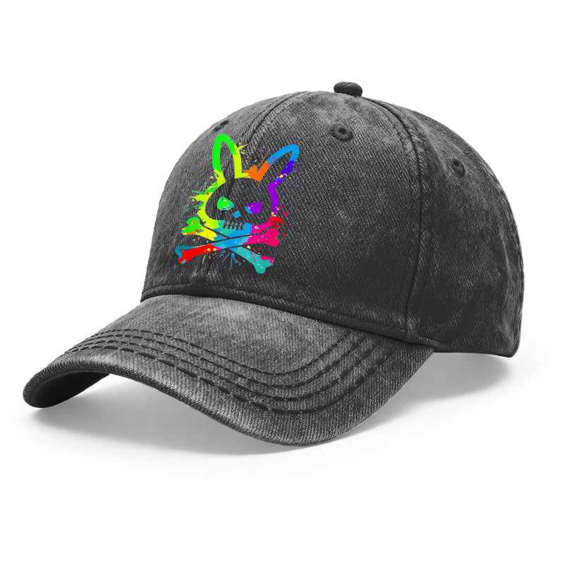 1pc of Vintage Washed Unisex Baseball Caps Featuring a Colorful Splatter Design with a Skull Rabbit Motif. These Adjustable Caps Are Perfect for Outdoor Activities And Casual Outings, Making Them Great Gifts for Both Men And Women