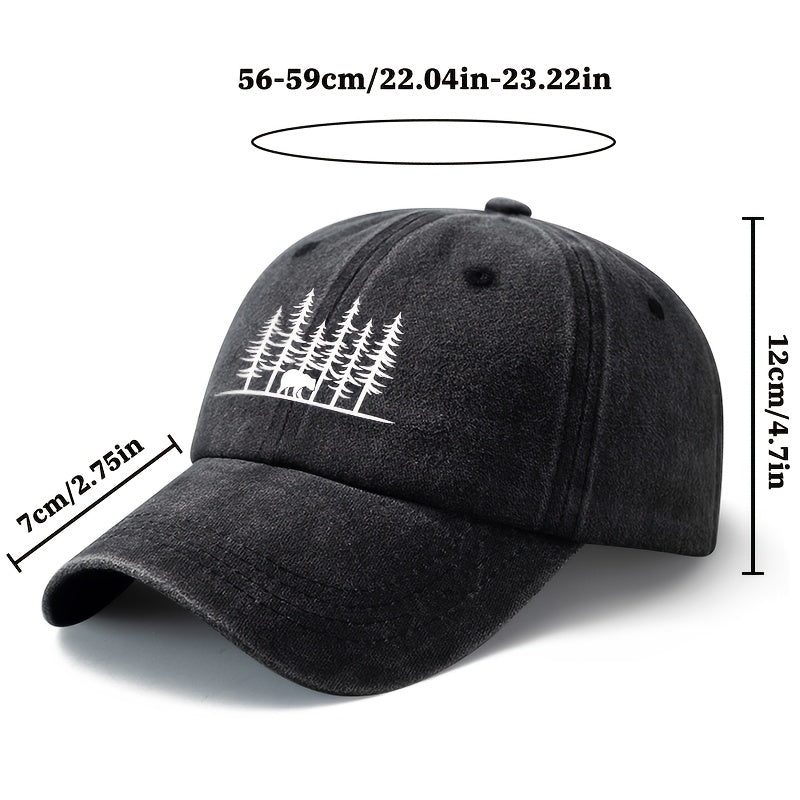 Unisex, Fashionable And Versatile Baseball Cap with Pine Forest And Grizzly Bear Print, Classic Retro Washed Outdoor Lightweight Curved Brim Cap, Suitable for Outdoor Vacations, Travel, Camping, And Other Casual Occasions, Hip-Hop Style Cap