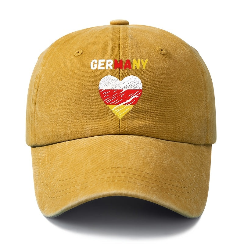 A Unisex Fashionable and Versatile Printed GERMANY Heart Baseball Cap, Featuring a Classic Vintage Washed Outdoor Lightweight Curved Brim. This Trucker Baseball Cap Is Suitable for Casual Occasions Such as Outdoor Vacations, Travel, and Camping